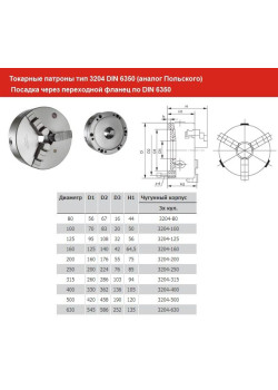 Патрон токарный d 400 мм 3-х кулачковый тип 3204 DIN 6350 (аналог Польского) 