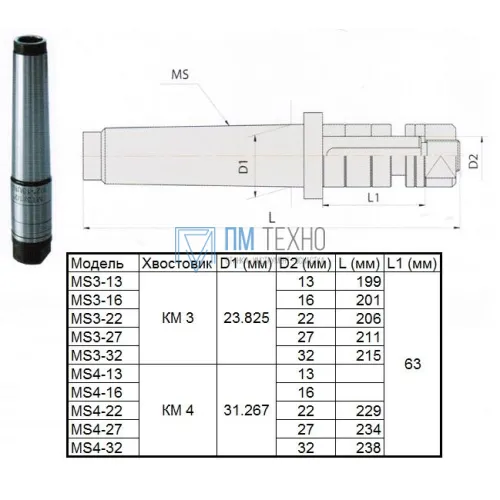 Оправка с хвостовиком КМ4 - d22, L-229 для дисковых фрез 