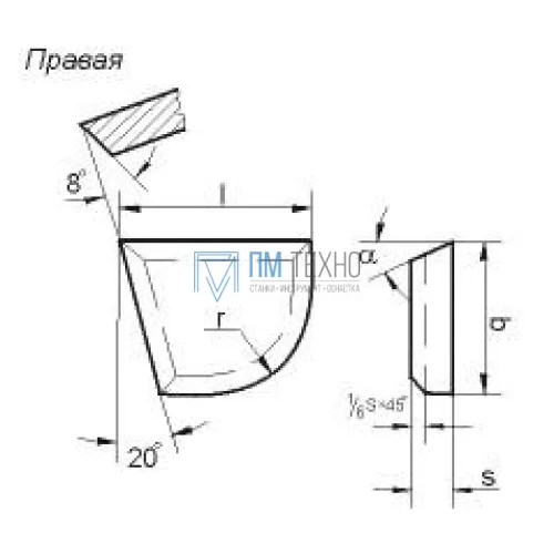 Пластина 06350 Т5К10 правая (12х8х5х5х18гр) (для подр. и расточных резцов под глухие отв.)