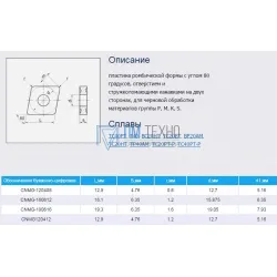 Пластина CNMG - 190612 NC3030 ромбическая dвн=8мм (05125) с двухсторонним стружколомом